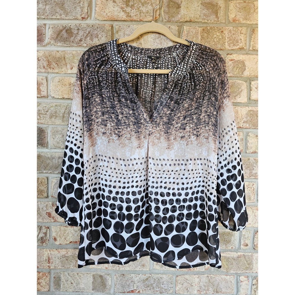 Milano M Sheer Polka Dot Print V Neck Blouse Top Black White Chiffon Tunic EUC
